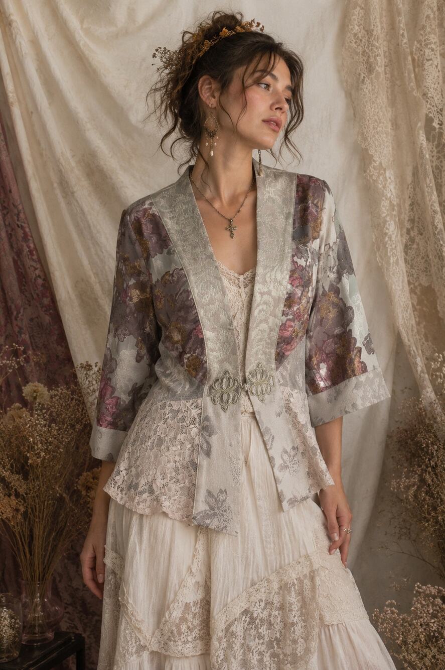 Y2K Satin Asian Floral Lace Kimono Jacket M Ethereal Fairy Romantic Pastel Boho